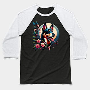 Working Kelpie Joy in Spring with Cherry Blossoms and Flowers Baseball T-Shirt